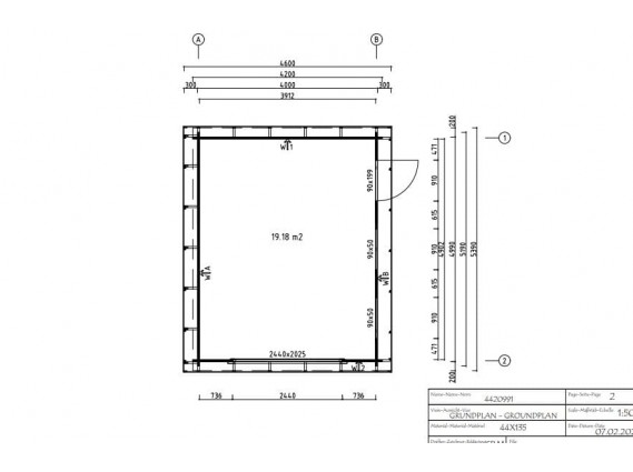 plans et mesures du garage bois 19,2 m2 avec porte sectionnelle