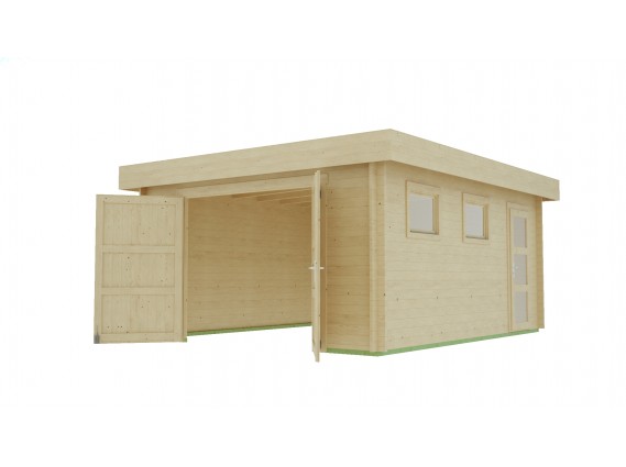 garage bois toit plat et porte ouverte