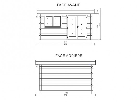 Plan et mesures de la façade et le dos d'un chalet de jardin bois JULIA en bois d'épicéa