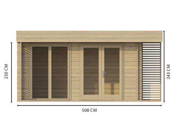 Mesures de la façade d'un chalet de jardin LUMIO en épicéa