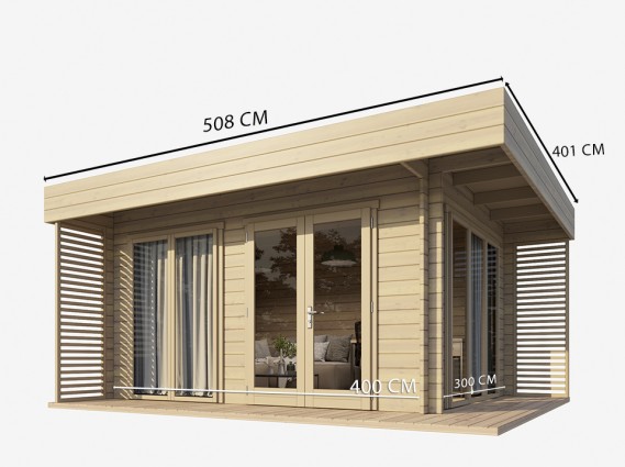 Mesures de la façade d'un chalet de jardin LUMIO en épicéa vue de côté