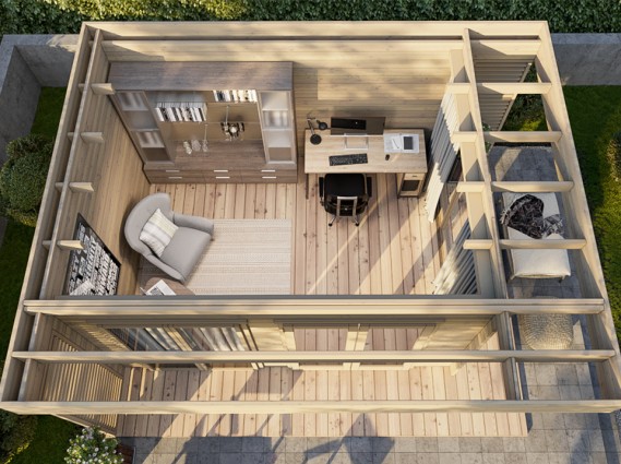 Vue aérienne de l'aménagement d'un chalet de jardin LUMIO en épicéa