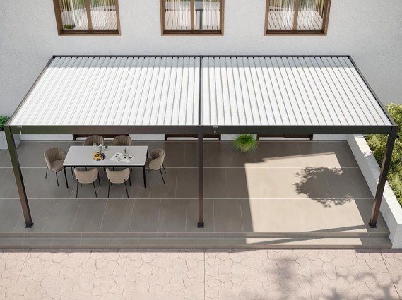 Vue aérienne du pergola bioclimatique HALO adossée avec des lames fermées