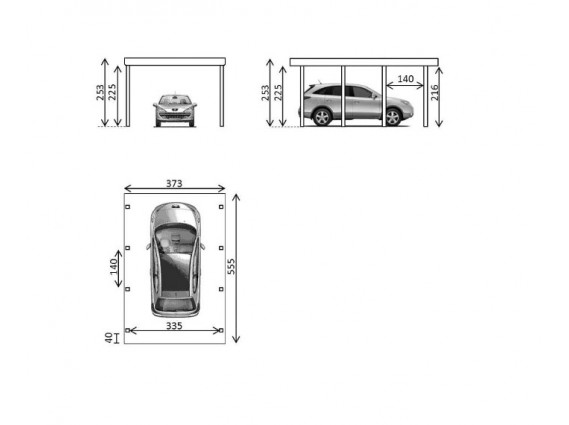 Plan et mesures du carport bois CASTELLANE avec 3 panneaux latéraux