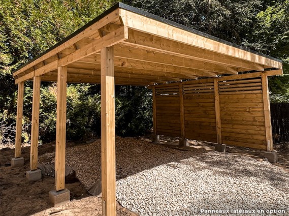 Vue de côté d'un carport bois CASTELLANE 2 places avec panneau latérale