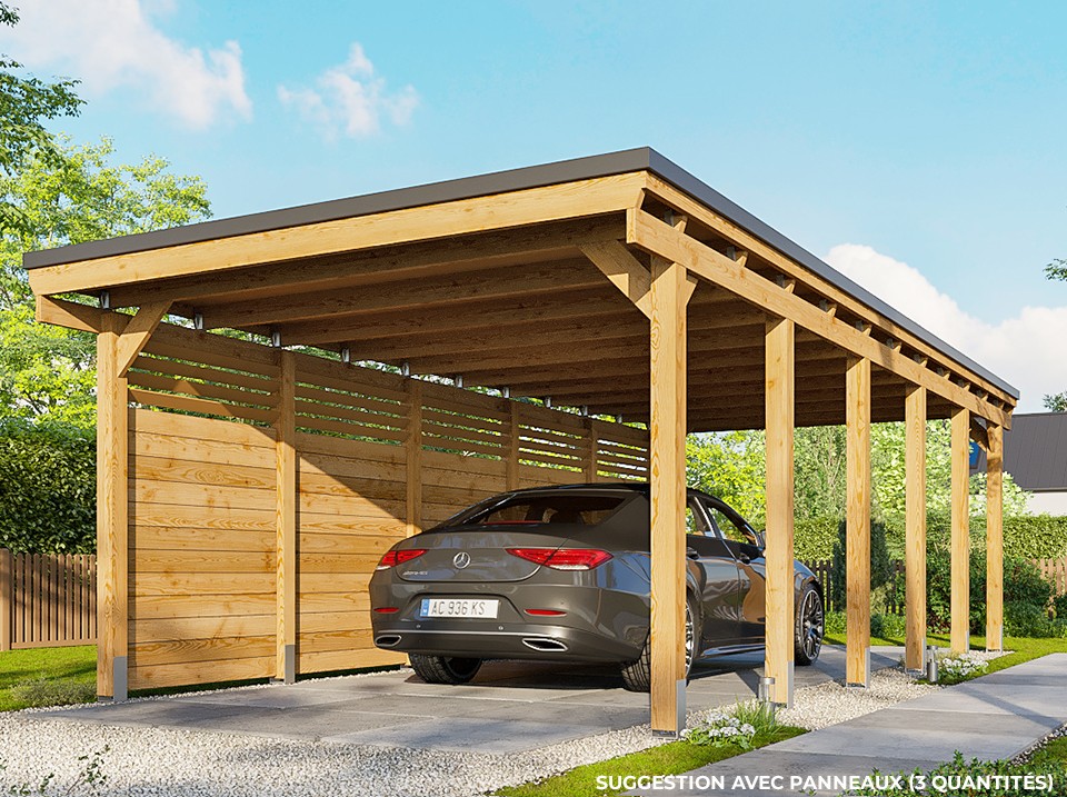 Carport en bois double avec abri et mur latéral LUNA DUO F PLUS, 7.6x5.6 m