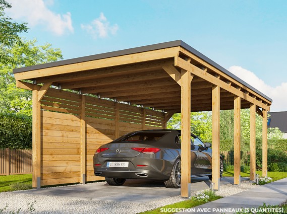 Carport bois CASTELLANE pour une voiture avec des panneaux latéraux sur le côté