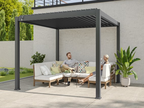 Pergola bioclimatique avec salon de jardin