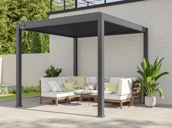 Pergola bioclimatique moderne avec salon de jardin