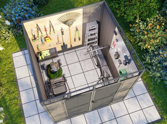 Vue aérienne d'abri de jardin composite avec exemple de rangement