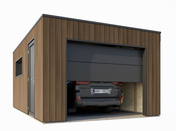 Vue sur la porte sectionnelle est motorisée du garage en bois composite