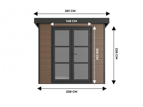 Mesures de la façade d'abri de jardin composite 5m2 brun - 28 mm