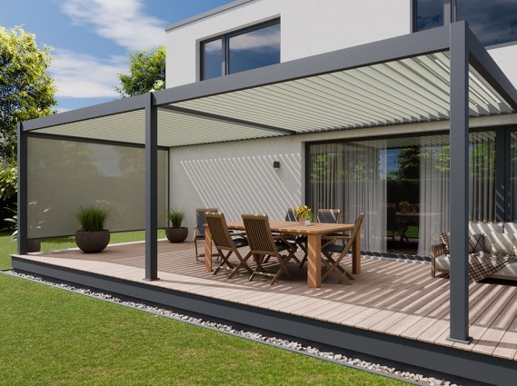 Pergola bioclimatique HALO anthracite adossée à ciel ouvert